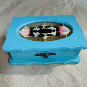 Vintage Powell glass Jewelry Box Chest Organizer Blue Shabby Cottage Farmhouse